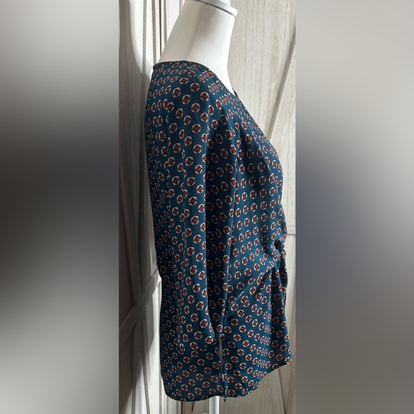 Chenault Teal Geometric Print Tie Front Draped Blouse sz M EUC Boho Eclectic - Picture 5 of 12